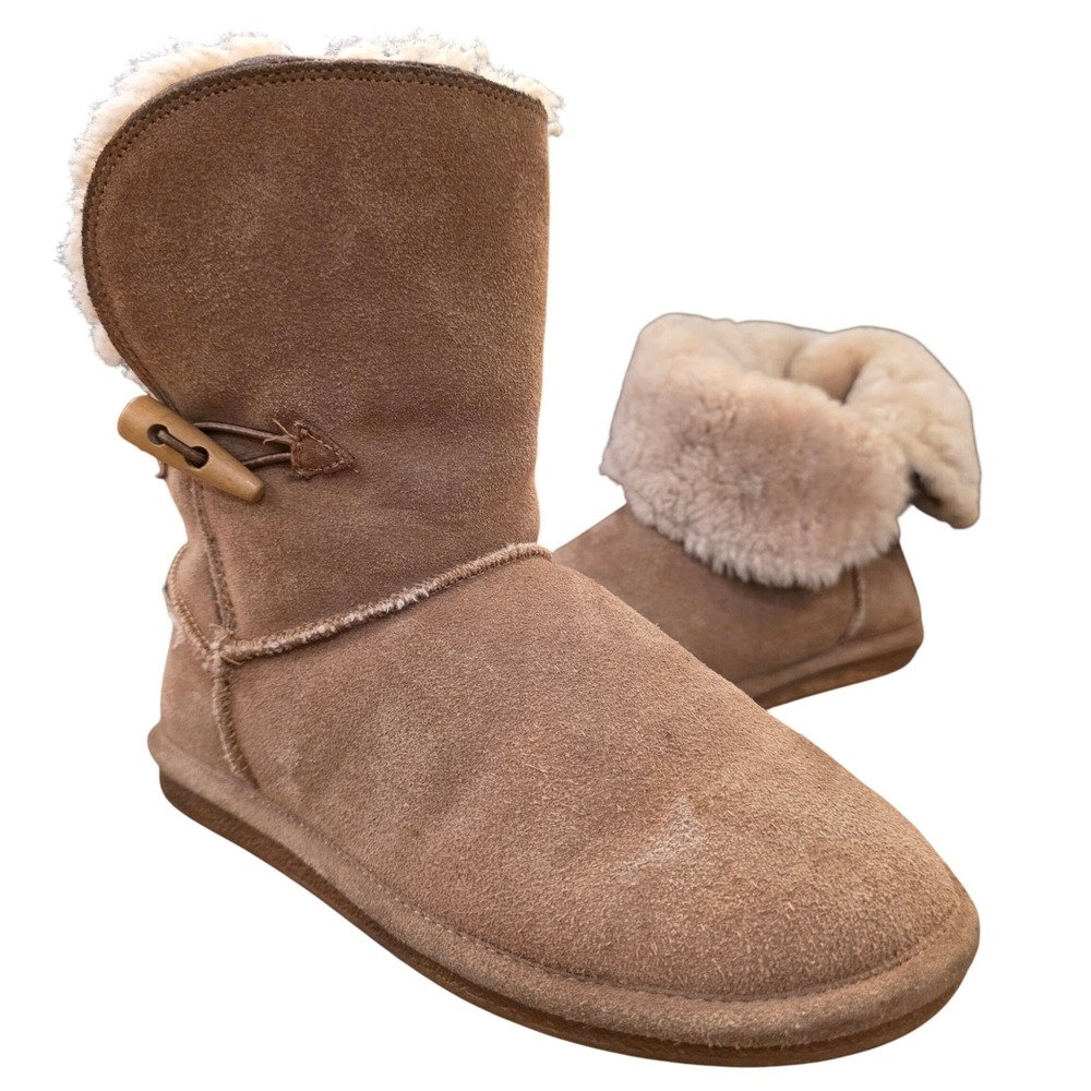 BJØRNDAL Sz 9 Tan Suede Sheepskin Joey Boots Toggle Sherpa Cozy Winter Warm